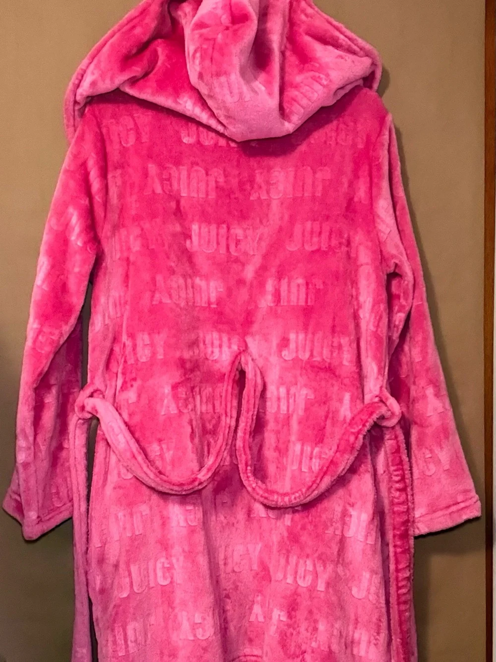 Pink Embossed Logo Fleece Hooded Plush Robe Belted Bathrobe